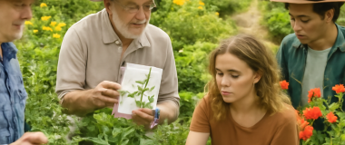 Klønete, søt kattunge som sitter i en blomstereng med fargerike blomster og blå himmel i bakgrunnen.